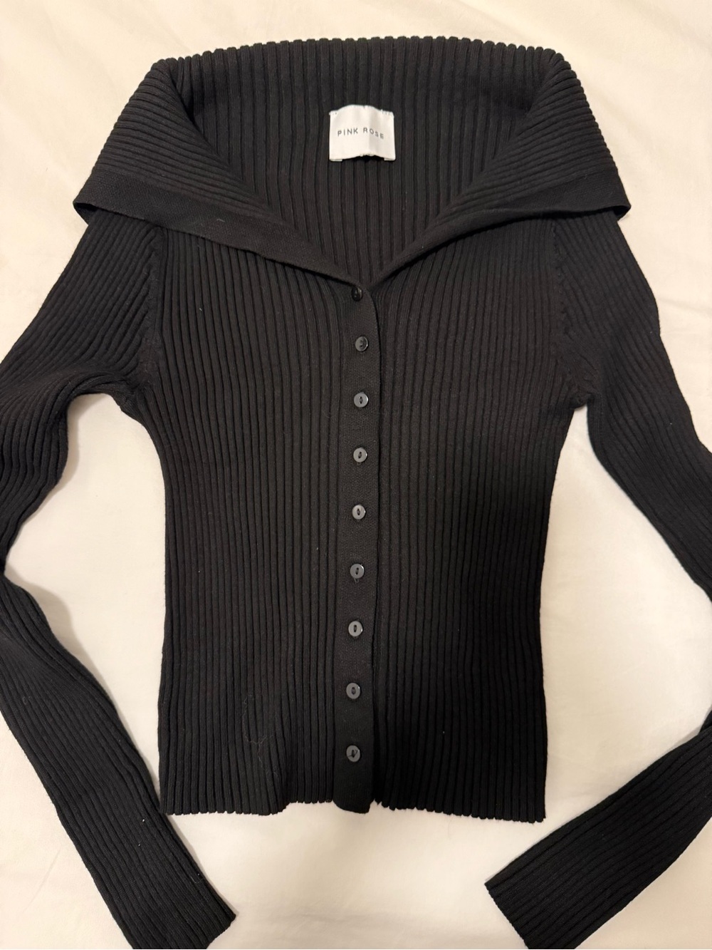 Pink Rose Black Ribbed Button-Up V-Neck Sweater